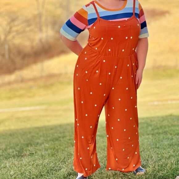 NEW LuLaRoe Leola Wide Leg Cami Jumpsuit Orange Pumpkin Polka Dot White NWT BOHO - Picture 3 of 9